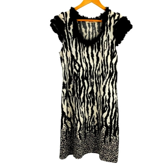 Vintage Aryeh Knit Dress Sz M Fur Trim Crystal Embellished Zebra Leopard Pattern - Picture 1 of 13